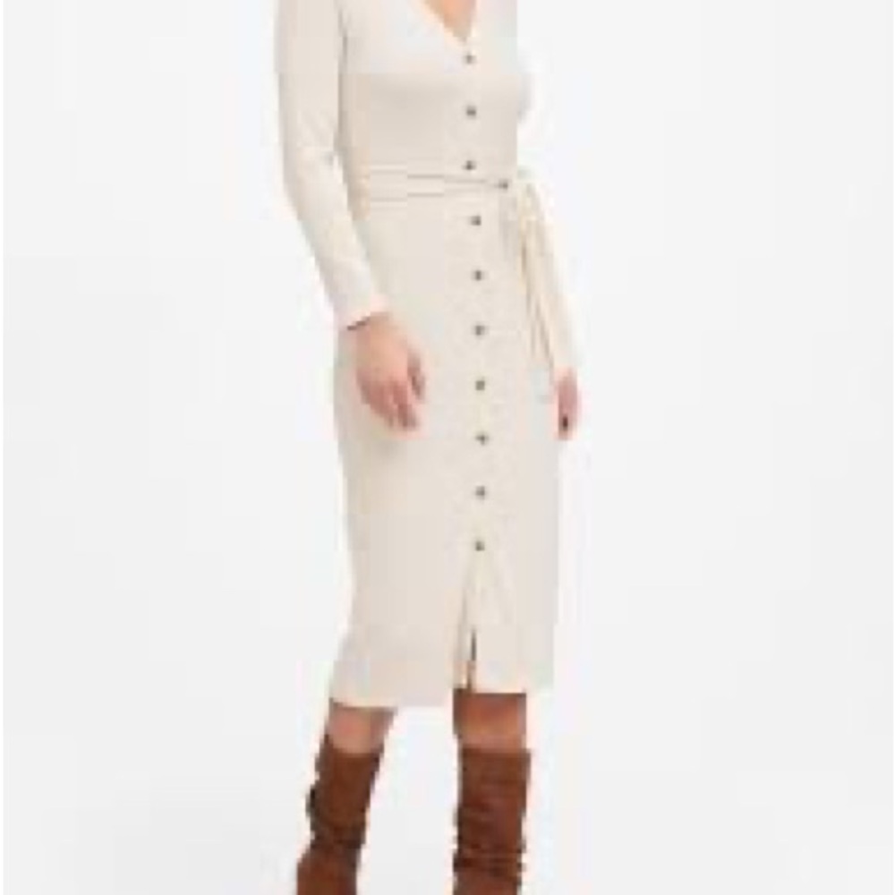Banana Republic Ribbed Button-Front Cream Midi Dress with Tie Waist